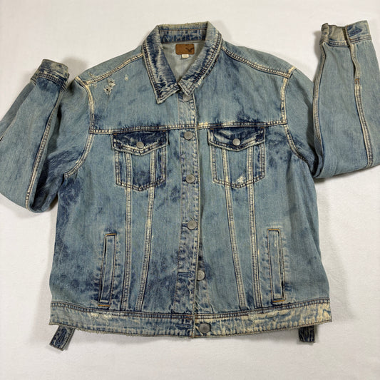 American Eagle Mens Denim Jacket XL Distressed Grunge 90s Y2K Light Wash Cross
