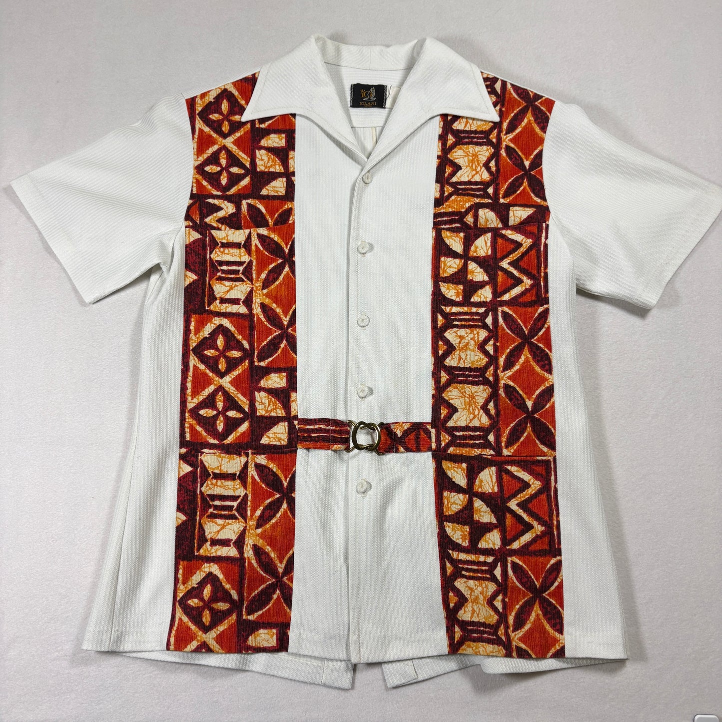 Iolani Hawaii Shirt Mens Large White Red Tribal Belted Vintage 70s Aloha