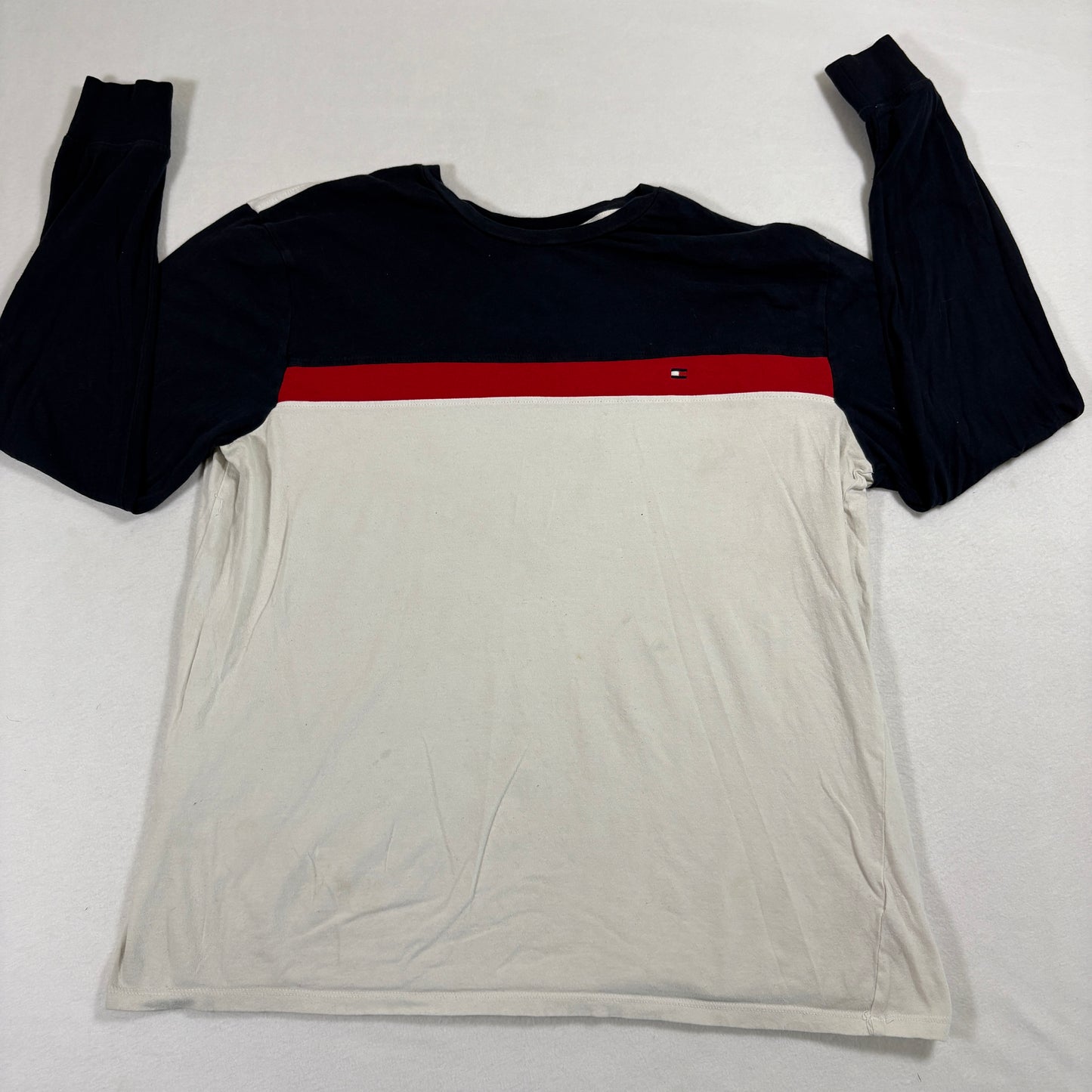 Tommy Hilfiger Mens Long Sleeve Shirt Large Colorblock Navy Red White 90s Y2K