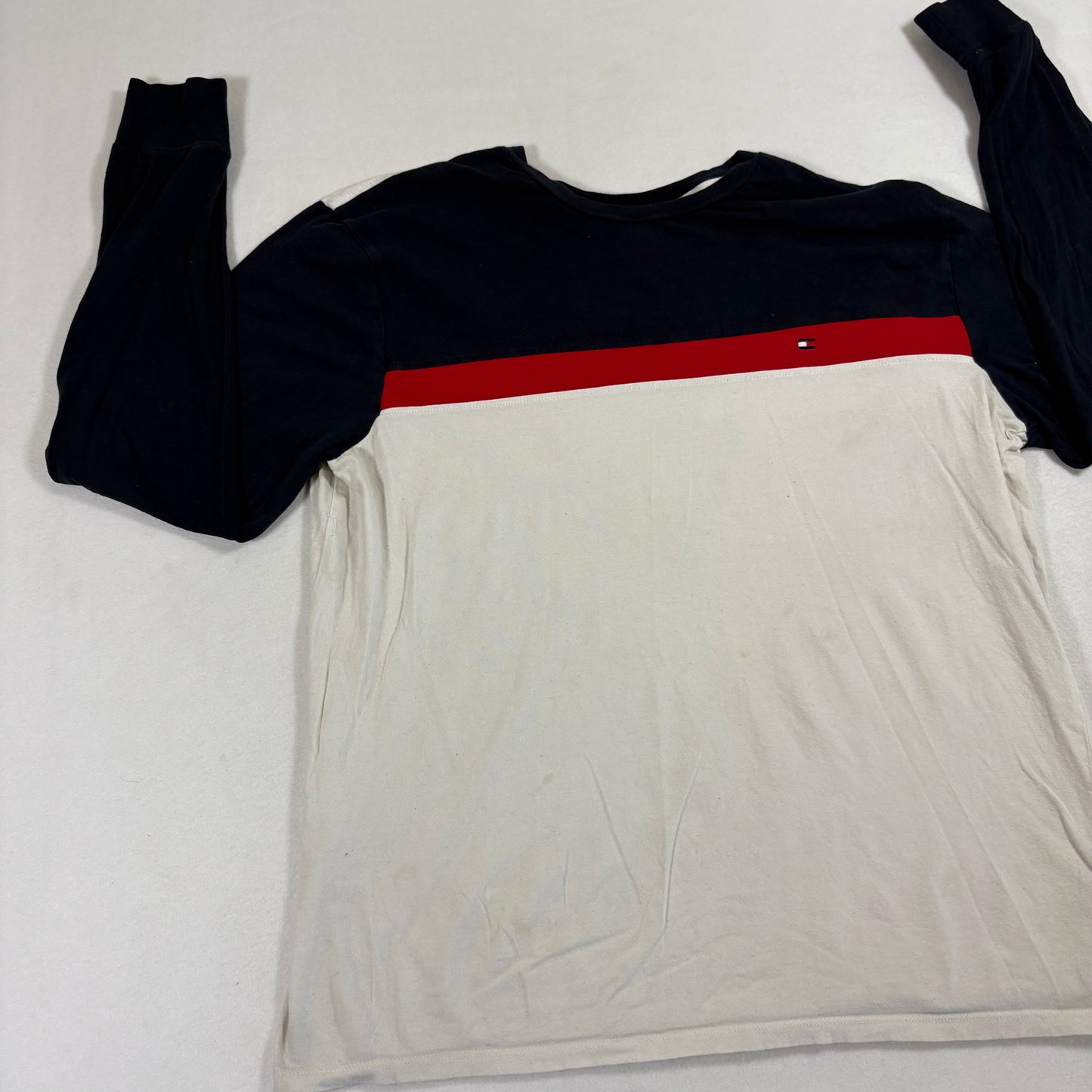 Tommy Hilfiger Mens Long Sleeve Shirt Large Colorblock Navy Red White 90s Y2K