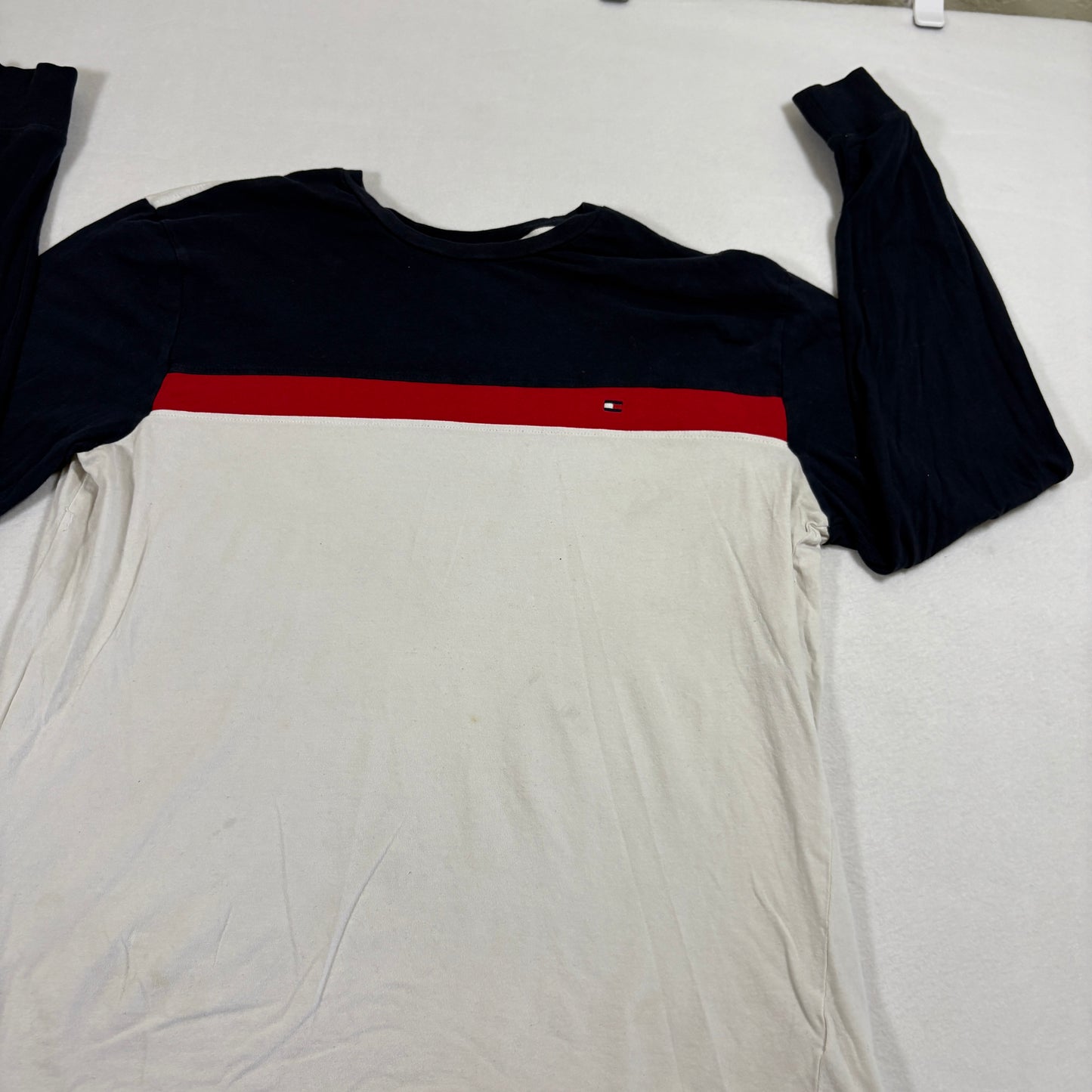 Tommy Hilfiger Mens Long Sleeve Shirt Large Colorblock Navy Red White 90s Y2K