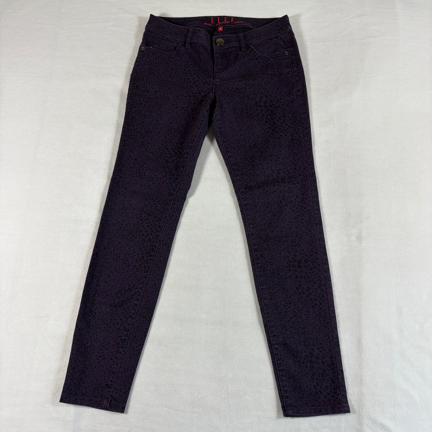 Elle Womens Size 6 Mid Rise Skinny Purple Animal Print Stretch Jeans Pants