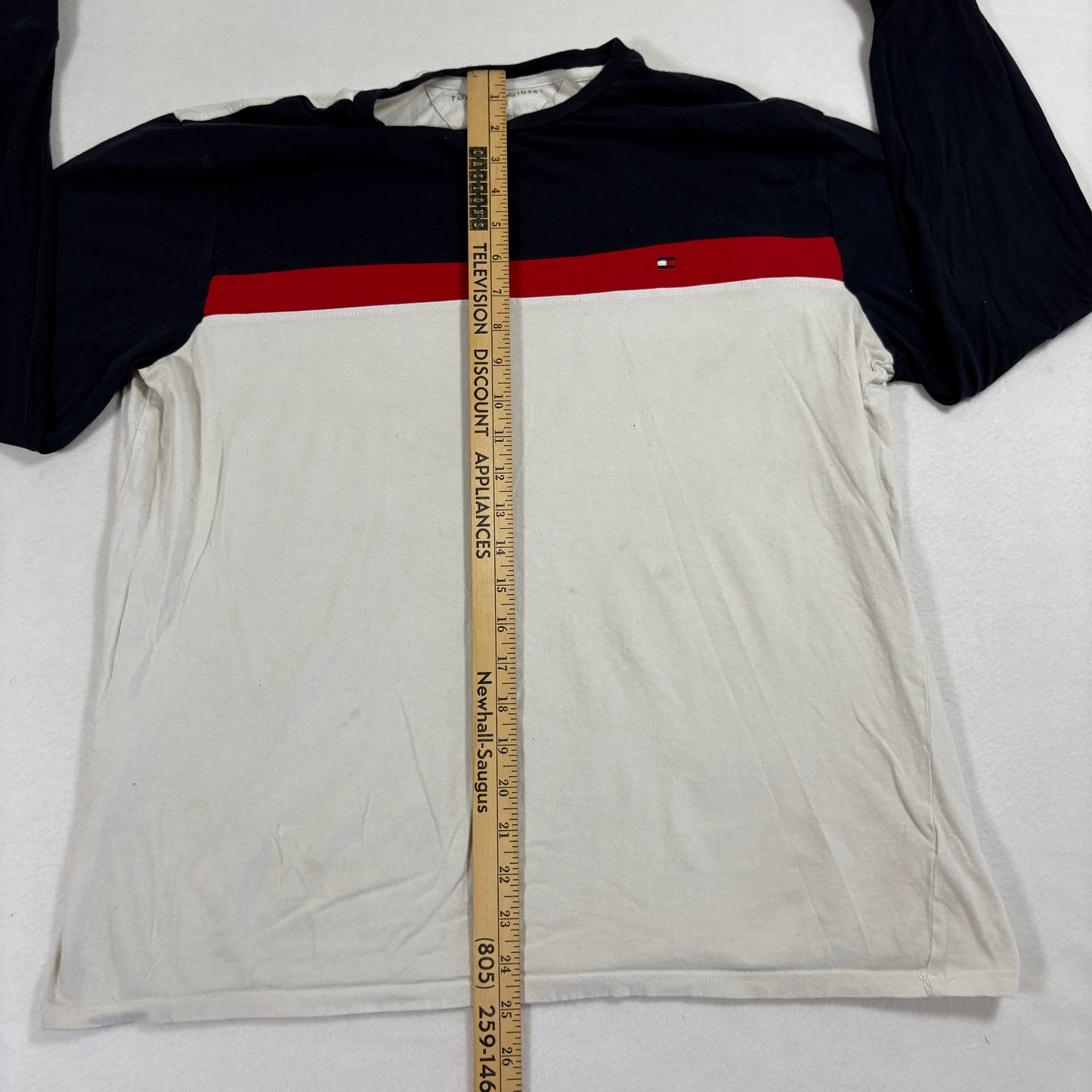 Tommy Hilfiger Mens Long Sleeve Shirt Large Colorblock Navy Red White 90s Y2K