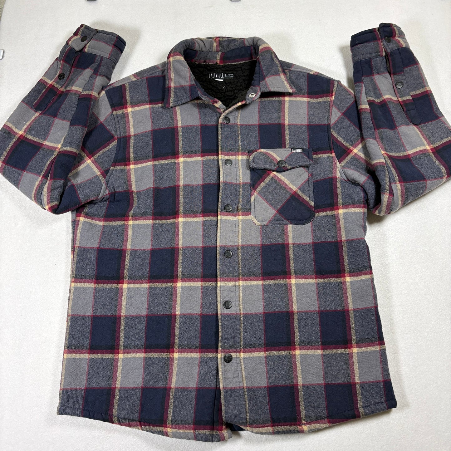Caliville Sherpa Lined Flannel Shirt Mens Large Gray Red Plaid Warm Jacket