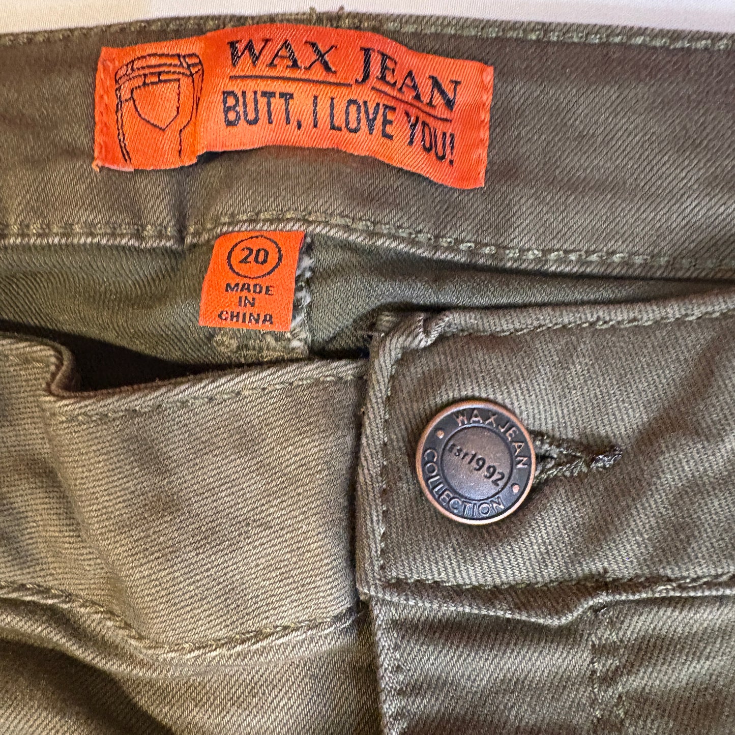 Wax Jean Butt I Love You Olive Green Skinny Pants Size 20 Women’s Stretch