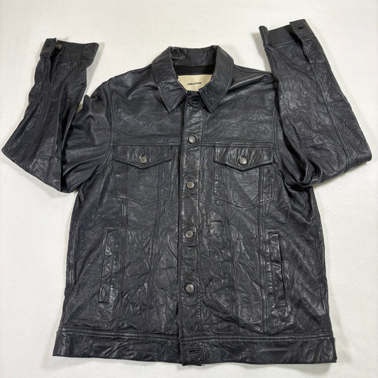 Zadig Voltaire Mens Leather Jacket Large Black Crinkle Moto Biker Y2K Rock Paris