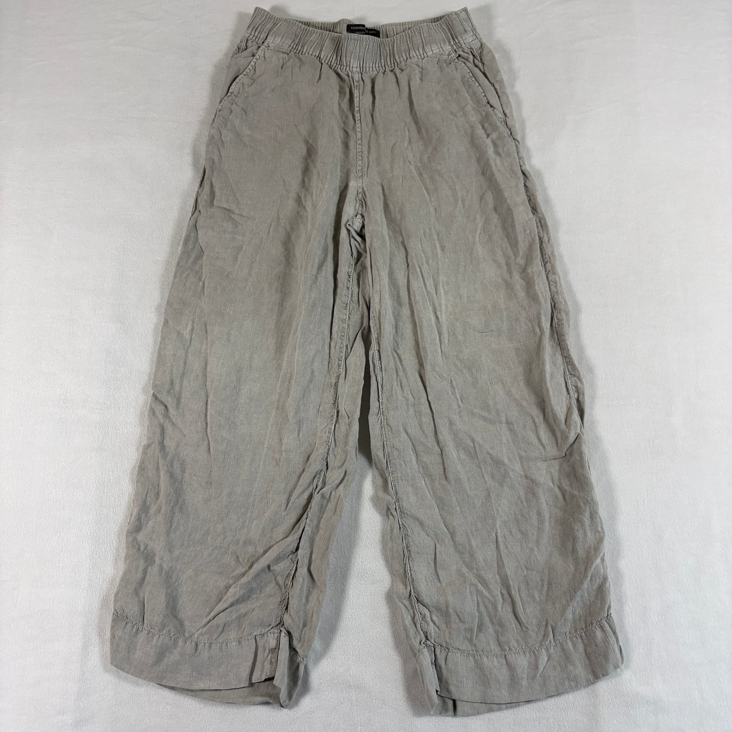 Tahari Essentials 100% Linen Wide Leg Crop Pants Beige Elastic Waist Size S