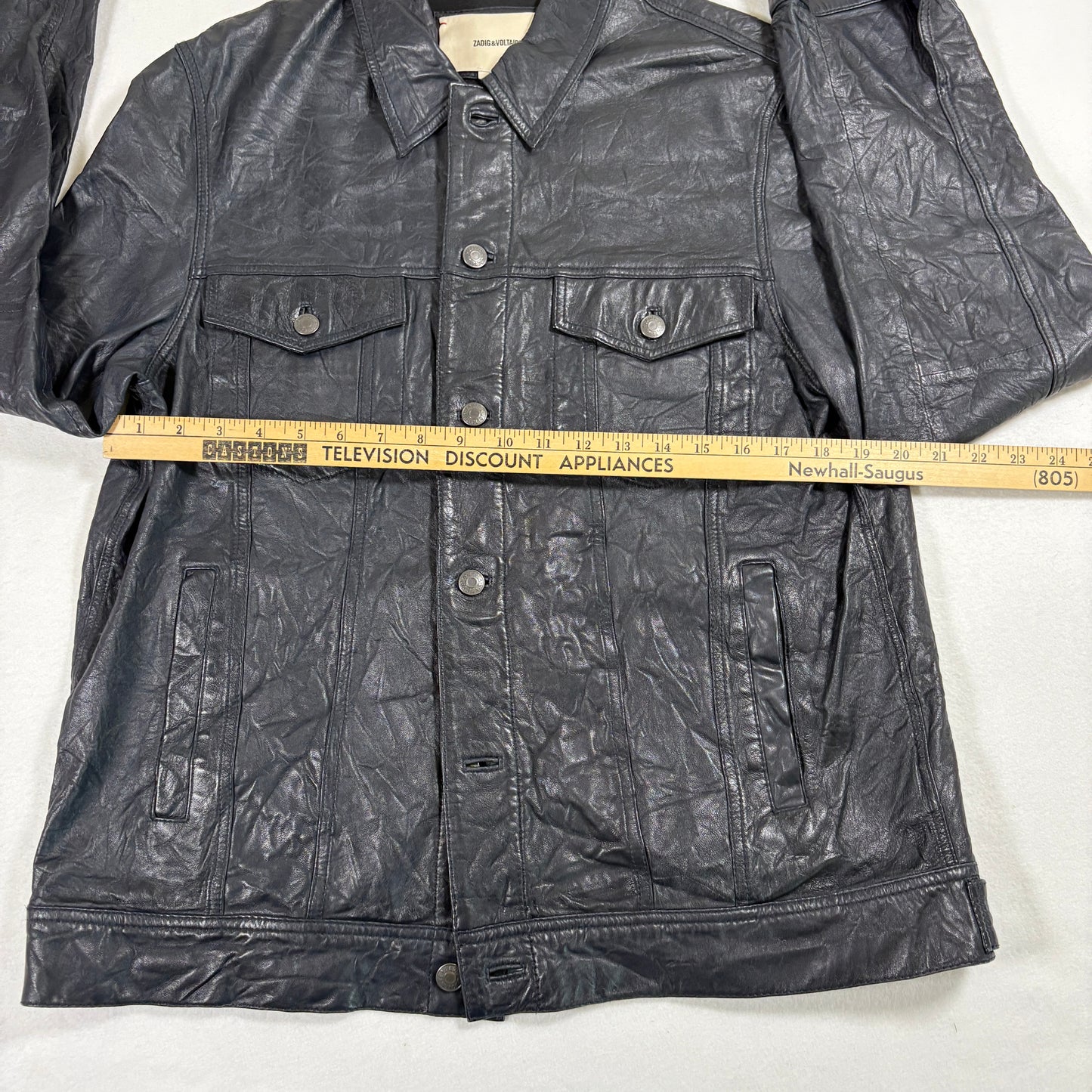 Zadig Voltaire Mens Leather Jacket Large Black Crinkle Moto Biker Y2K Rock Paris