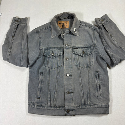FUSAI Denim Jacket Mens Small Gray Vintage 90s Grunge Streetwear Trucker