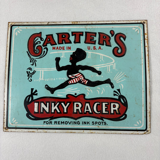 Vintage Carters Inky Racer Tin Sign Antique Advertising Racist Memorabilia 12x10