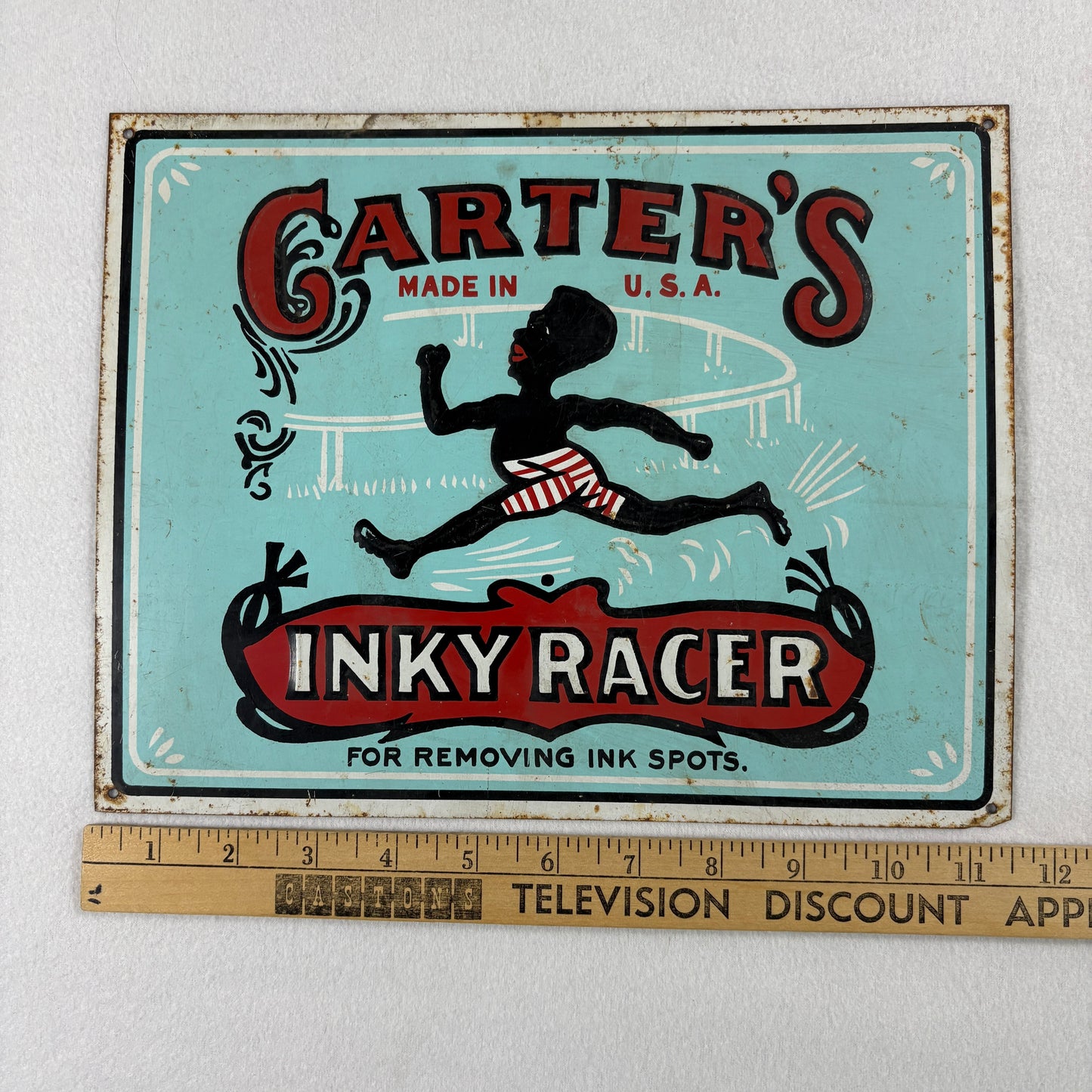 Vintage Carters Inky Racer Tin Sign Antique Advertising Racist Memorabilia 12x10