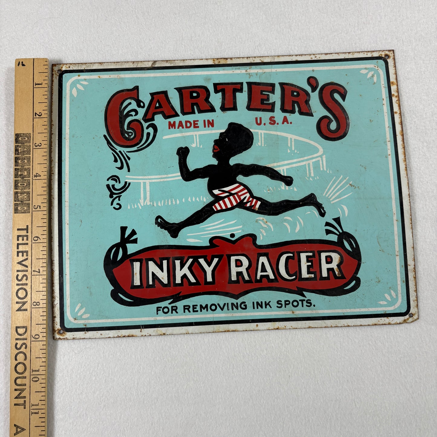 Vintage Carters Inky Racer Tin Sign Antique Advertising Racist Memorabilia 12x10