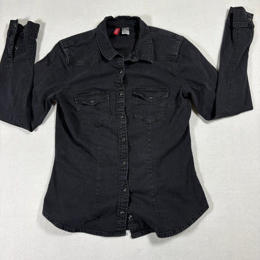 H&M Denim Shirt Womens Size 6 Black Fitted Western Button Up Y2K Grunge