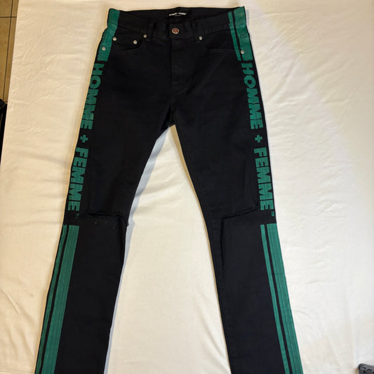 Homme + Femme Denim Wear Jeans Black Green Stripe Logo Size 30 Cotton Lycra