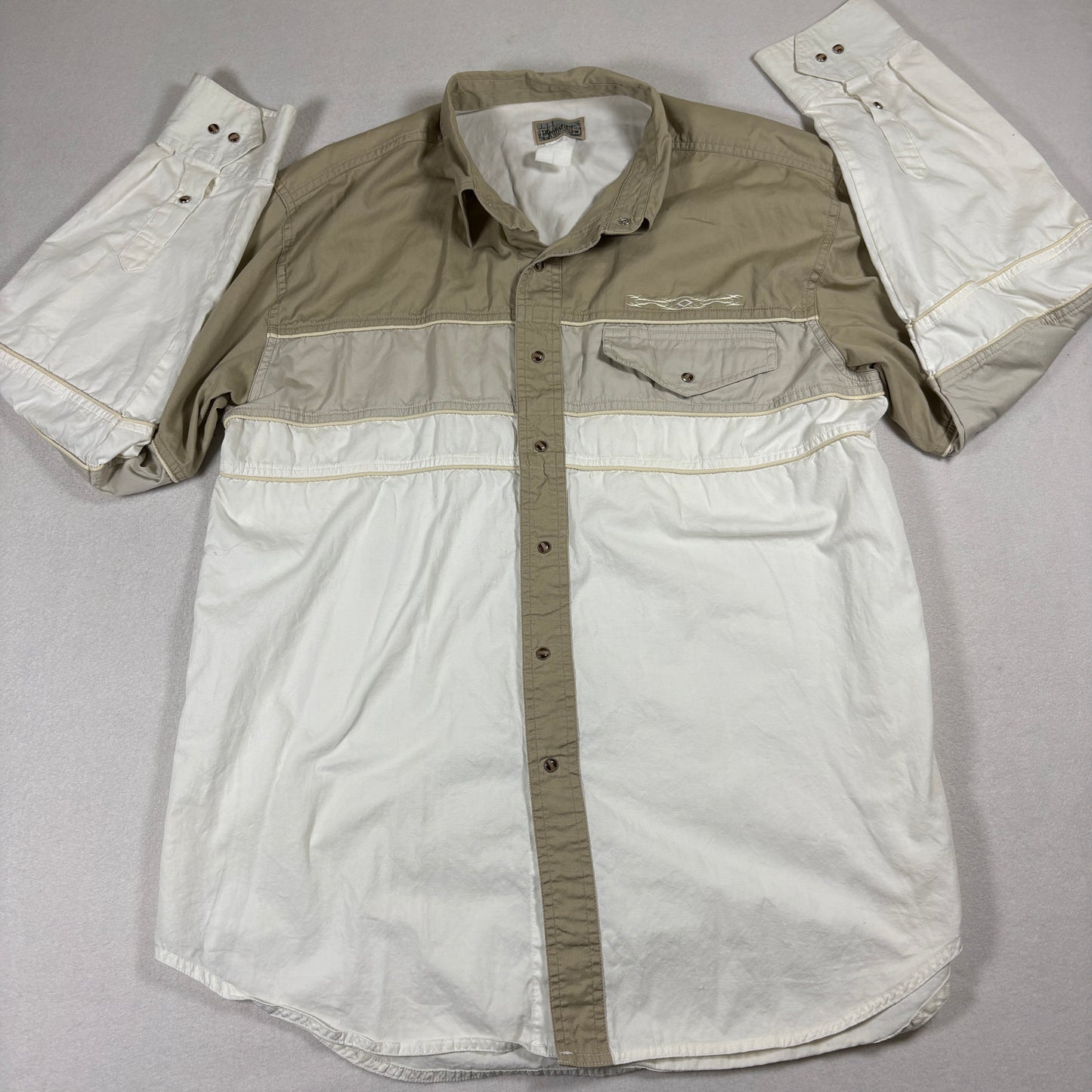 Express Rider Western Shirt Mens L Beige White Two Tone Snap Button Cowboy