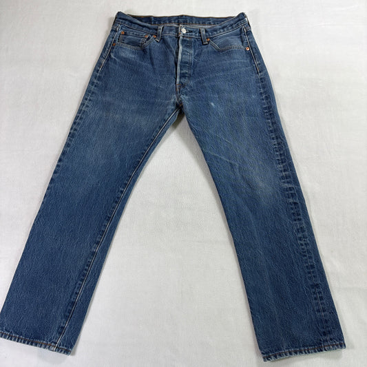 Levi 501 Button Fly Straight Leg Jeans 34x32 Fits Like 32X28 Medium Wash Denim