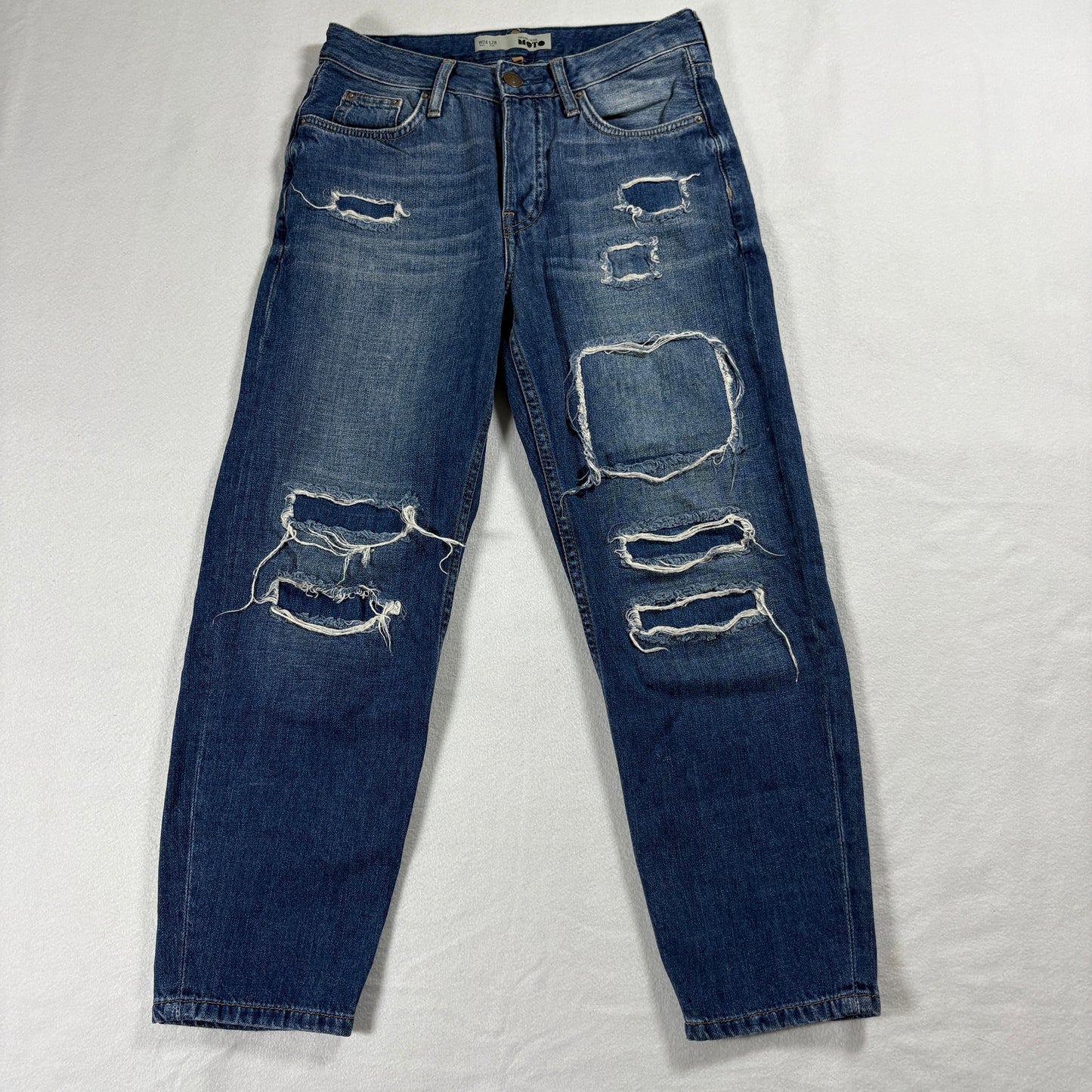 Topshop Moto Jeans Womens W24 L28 Blue Distressed Mom Jean Petite 90 Fit Vintage
