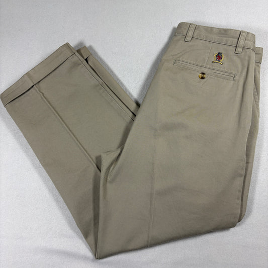 Tommy Hilfiger Chino Pants Mens 32x30 Khaki Pleated Crest Logo Classic Fit