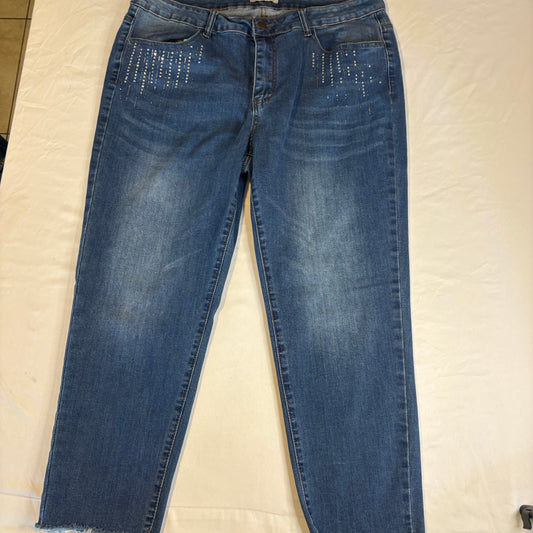 Women’s Size 22 Blue Jeans Rhinestone Studded Pockets Baggy Bootcut Frayed Hem