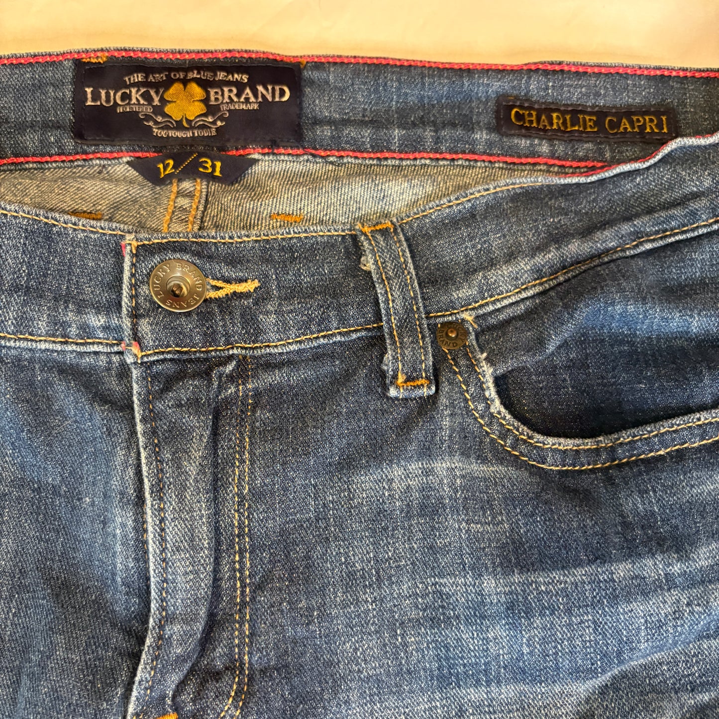 Lucky Brand Women’s Size 12/31 Charlie Capri Blue Jeans Distressed Bootcut Denim