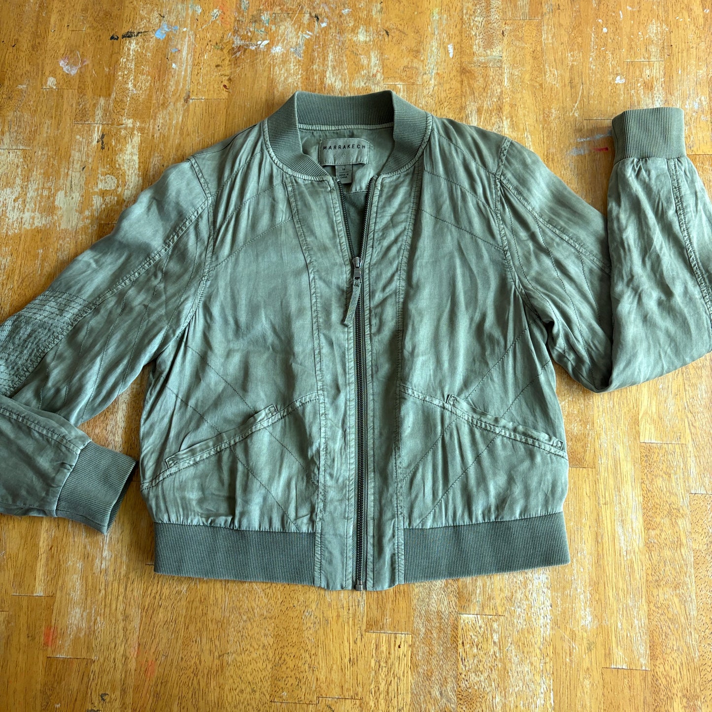 Marrakech Bomber Jacket Olive Green XS Lyocell Utility Moto Full Zip Crop Chic