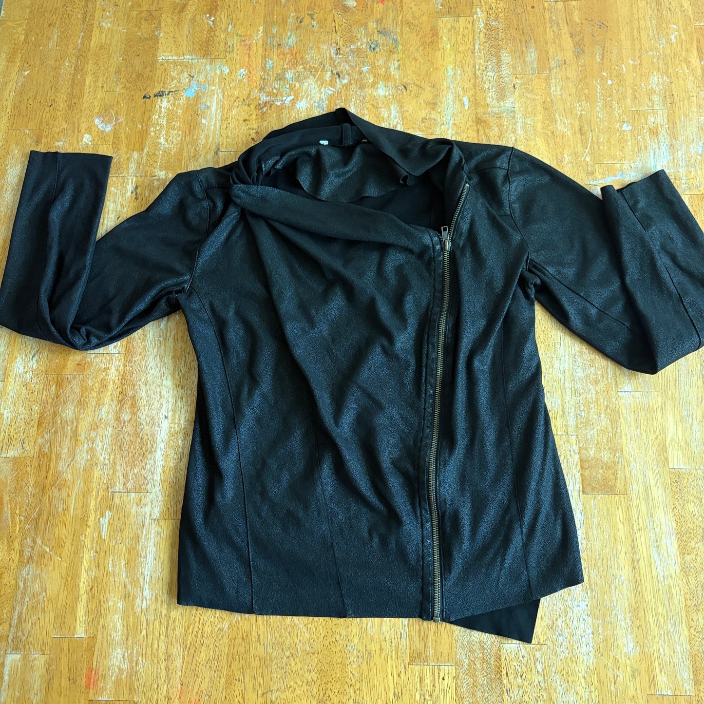 Black Faux Leather Moto Jacket S Asym Zip Drape Collar Stretch Biker Chic Coat