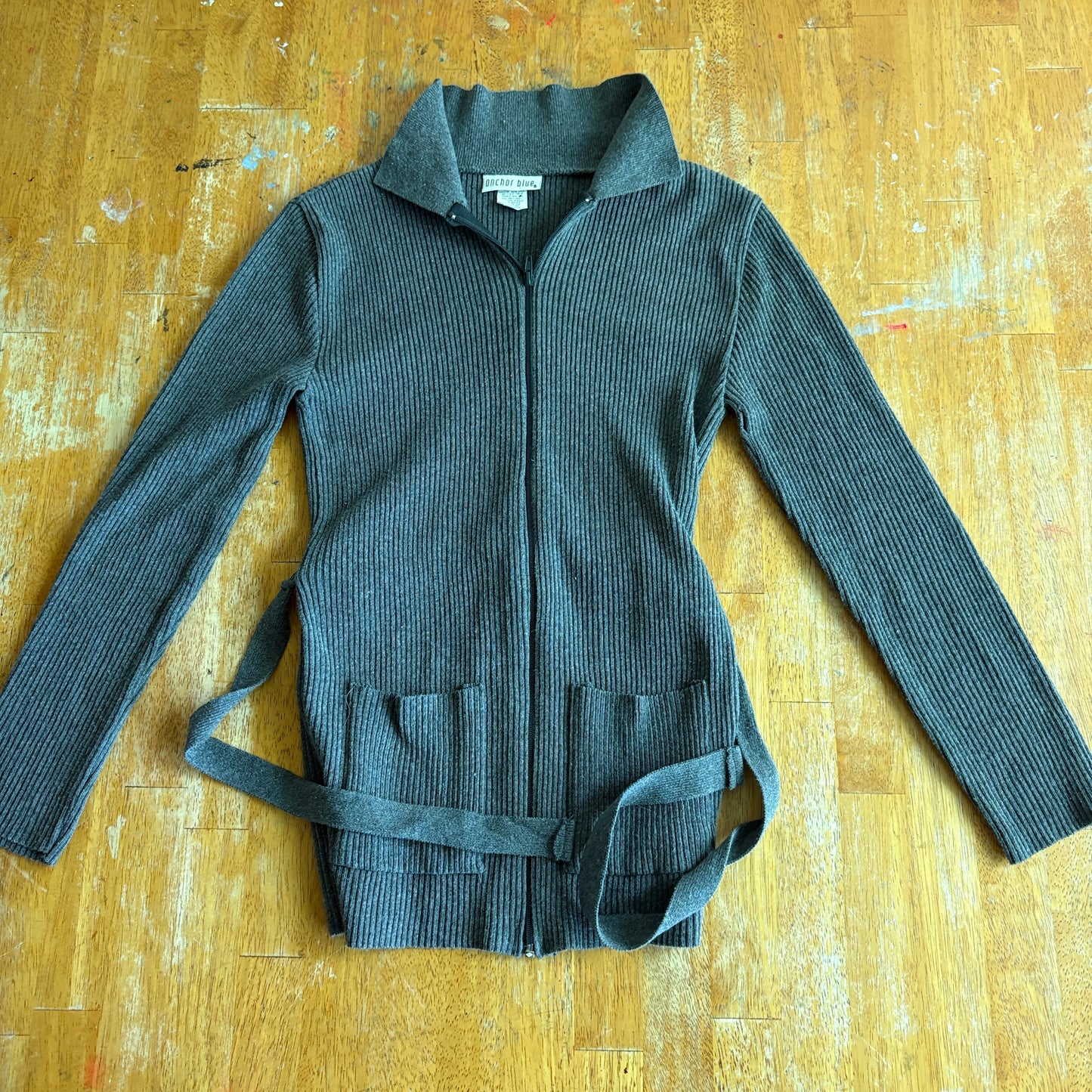 Anchor Blue Rib Knit Sweater Jacket Gray XL Full Zip Belted Y2K Cardigan Top