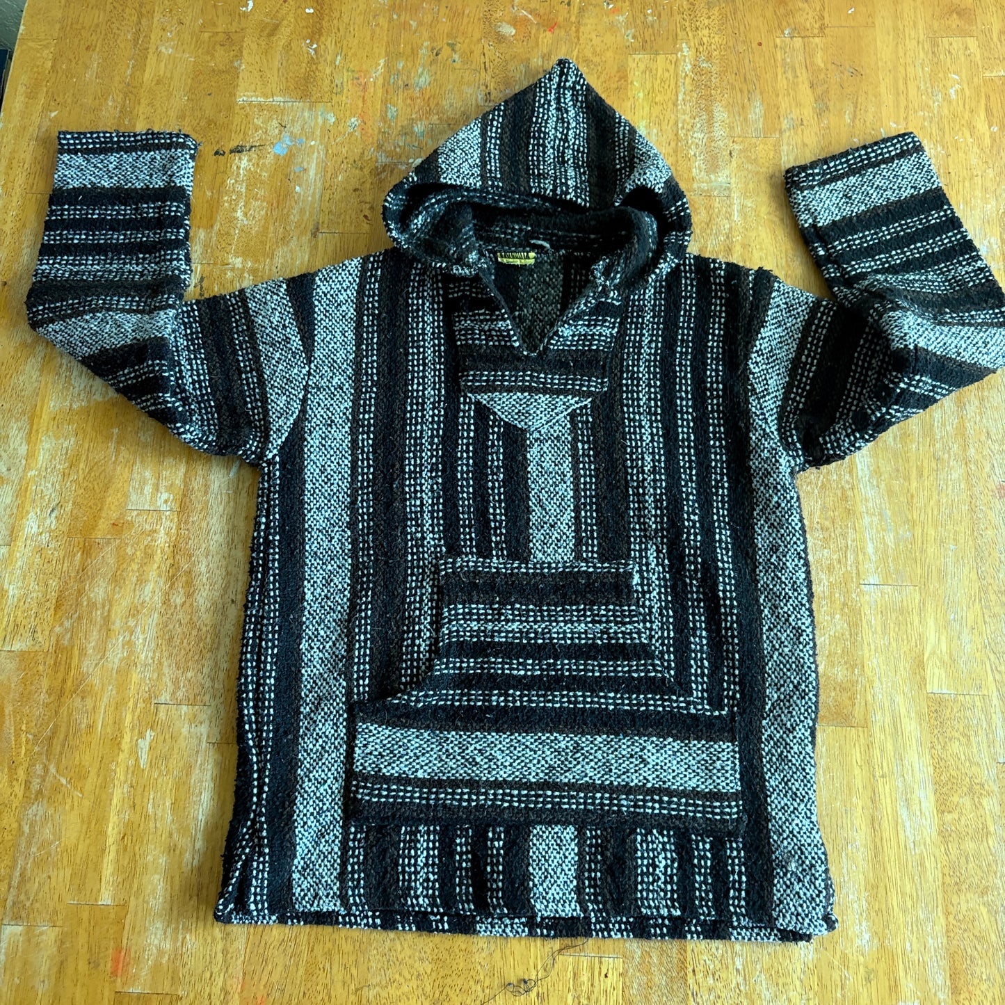 Baja Hoodie Drug Rug Poncho Black Gray Striped Pullover Surf Skater Sweater