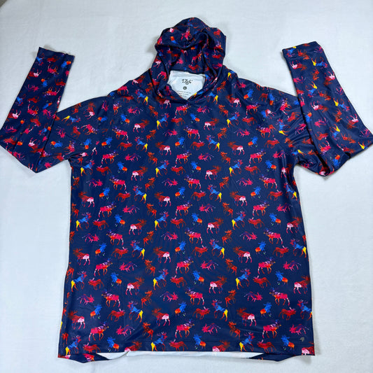 1764 Hoodie Mens L Navy Colorful Moose Print Streetwear Pullover Tops Design Art