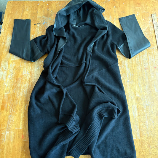 BlankNYC Hooded Sweater Coat Faux Leather Sleeve Black Women Sz S Long Cardigan