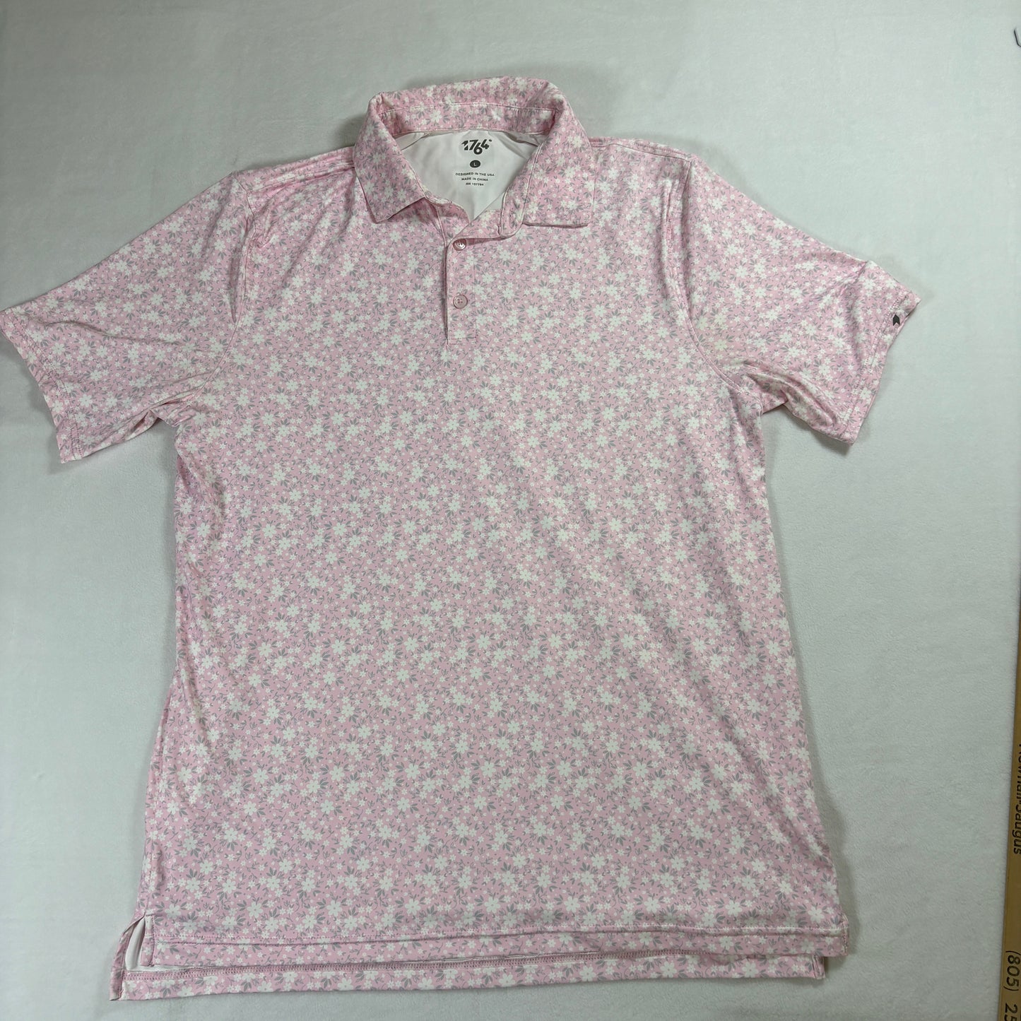 1764 Polo Shirt Mens L Pink Floral Print Short Sleeve Casual Performance Top Fit