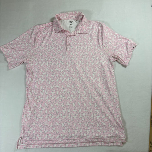 1764 Polo Shirt Mens L Pink Floral Print Short Sleeve Casual Performance Top Fit