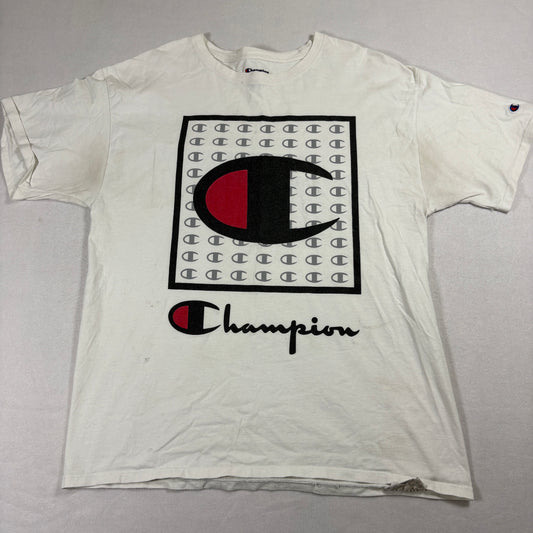 Champion T Shirt Mens Large White Big Logo Graphic Tee Athletic Streetwear