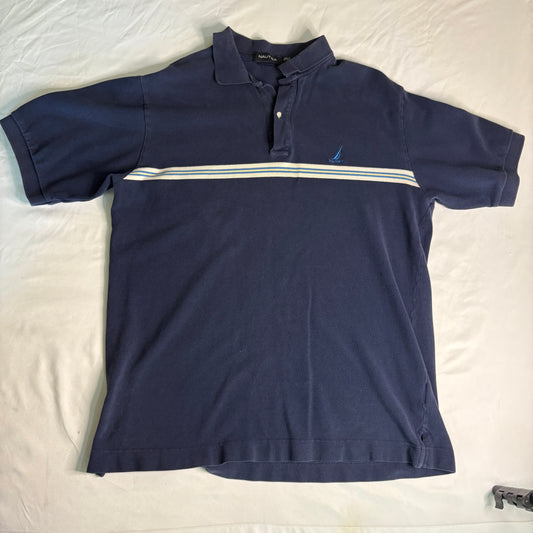 Nautica Men’s Polo Shirt Large Navy Blue Striped Sailboat Logo Short Sleeve Casual