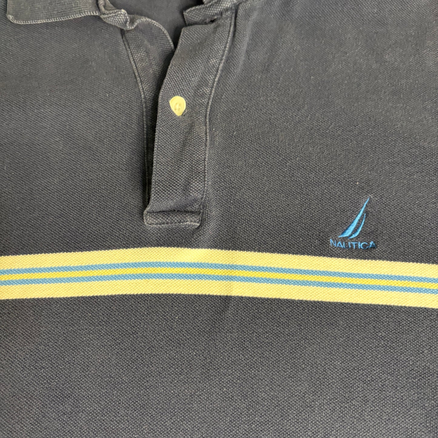 Nautica Men’s Polo Shirt Large Navy Blue Striped Sailboat Logo Short Sleeve Casual