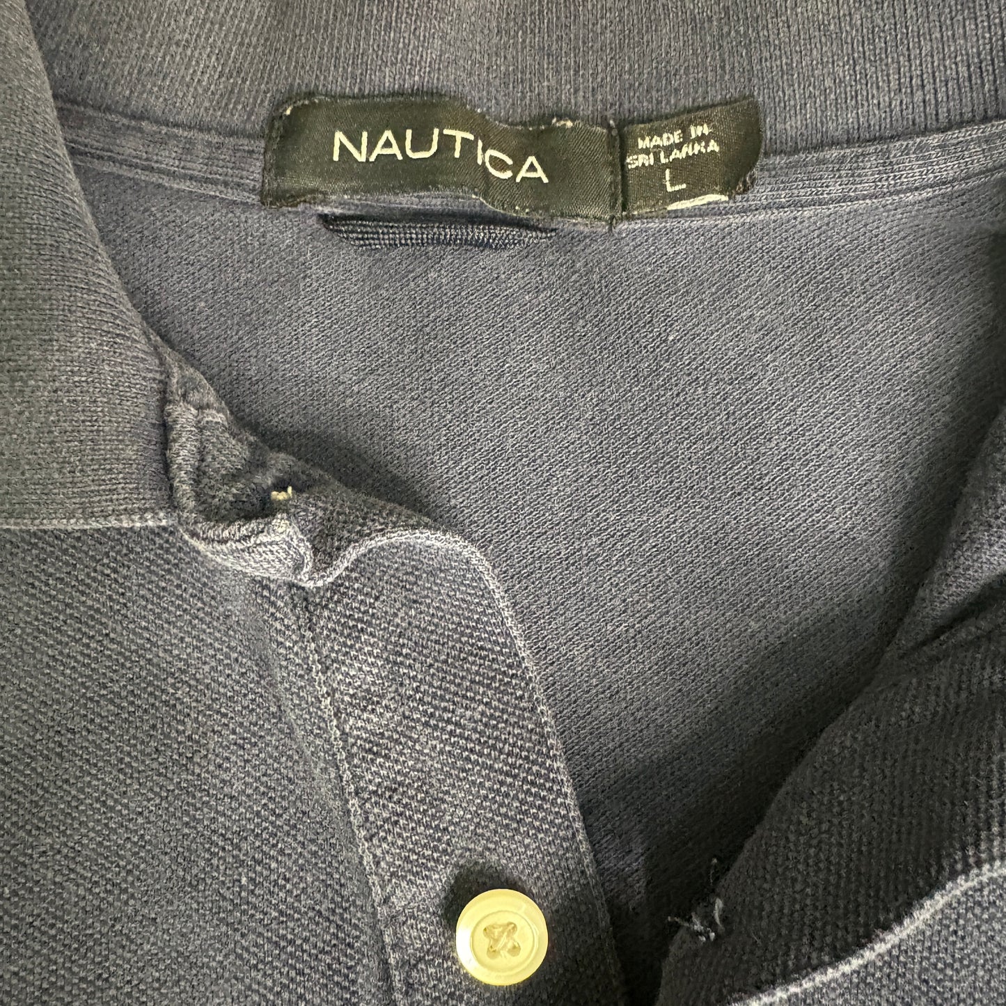 Nautica Men’s Polo Shirt Large Navy Blue Striped Sailboat Logo Short Sleeve Casual