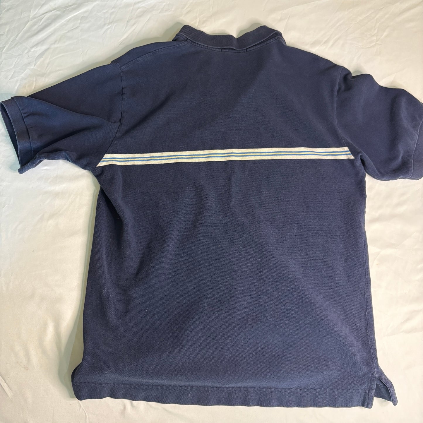 Nautica Men’s Polo Shirt Large Navy Blue Striped Sailboat Logo Short Sleeve Casual