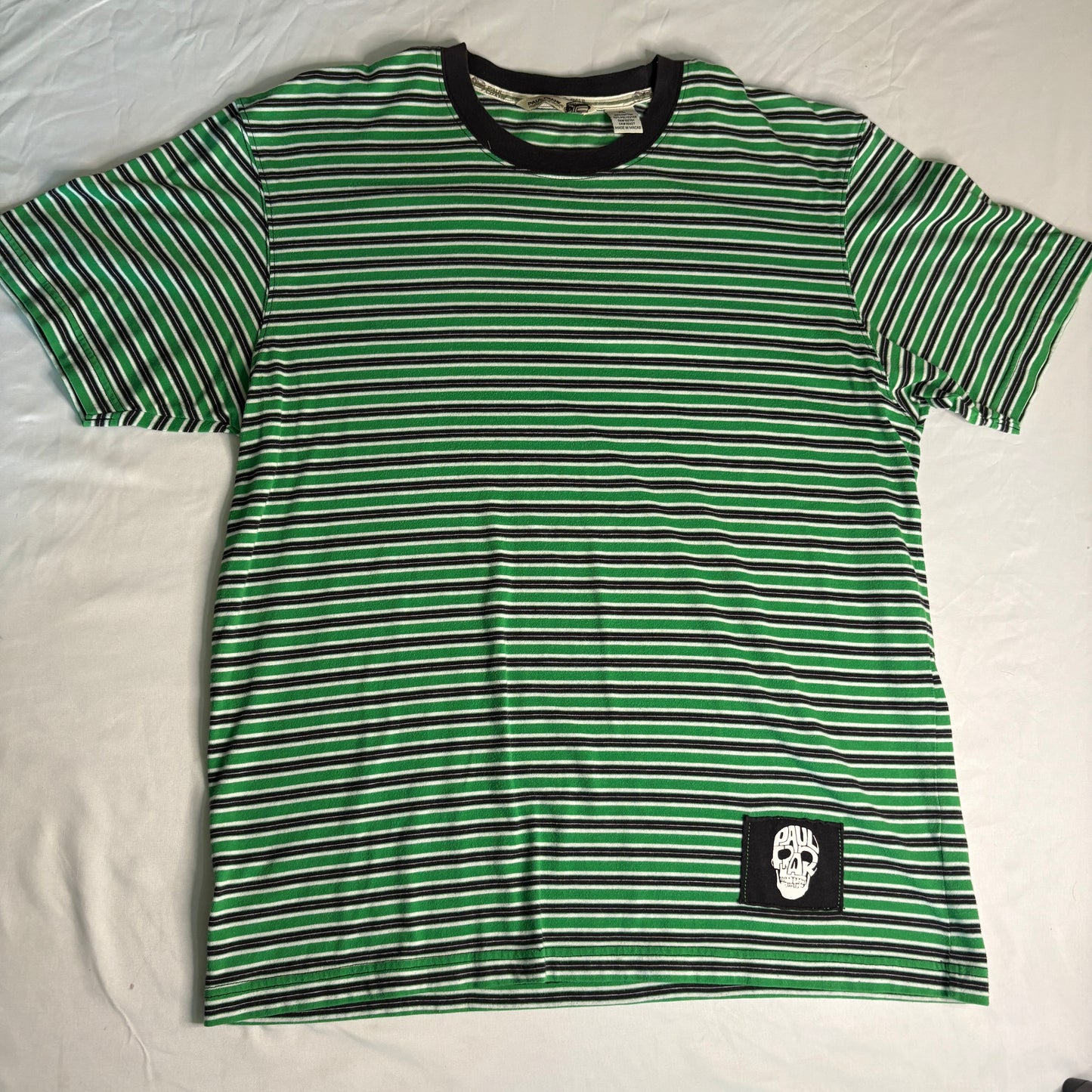 Paul Frank Men’s XL Striped T-Shirt Green Black Skull Patch Y2K Streetwear Retro