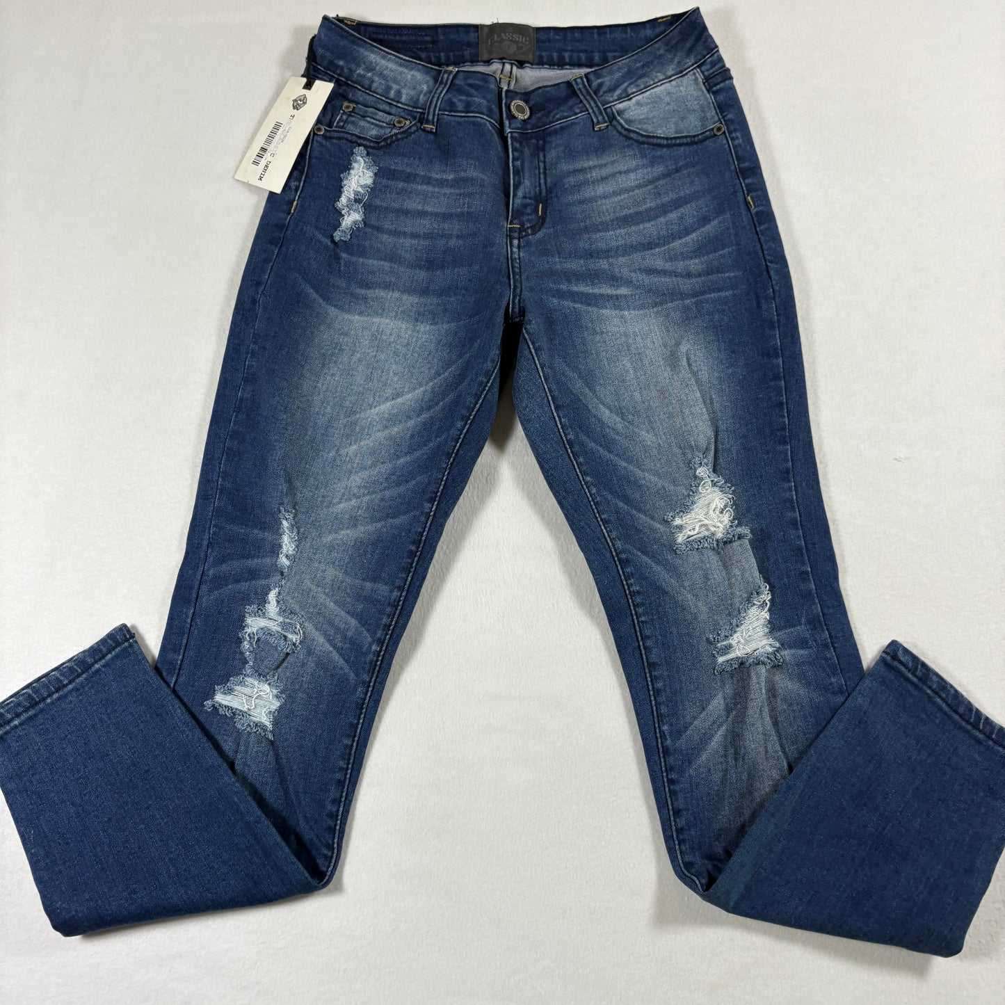 Classic Womens Jeans 7 Dark Wash Distressed Denim Slim Fit Y2K Vintage Stretch