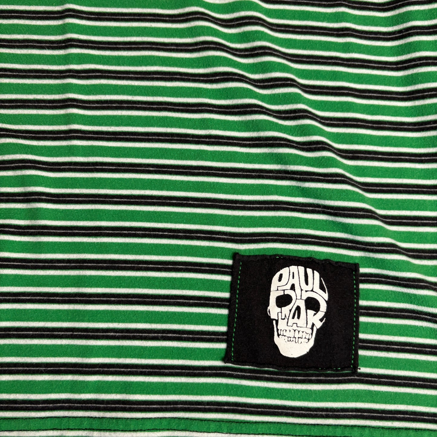 Paul Frank Men’s XL Striped T-Shirt Green Black Skull Patch Y2K Streetwear Retro