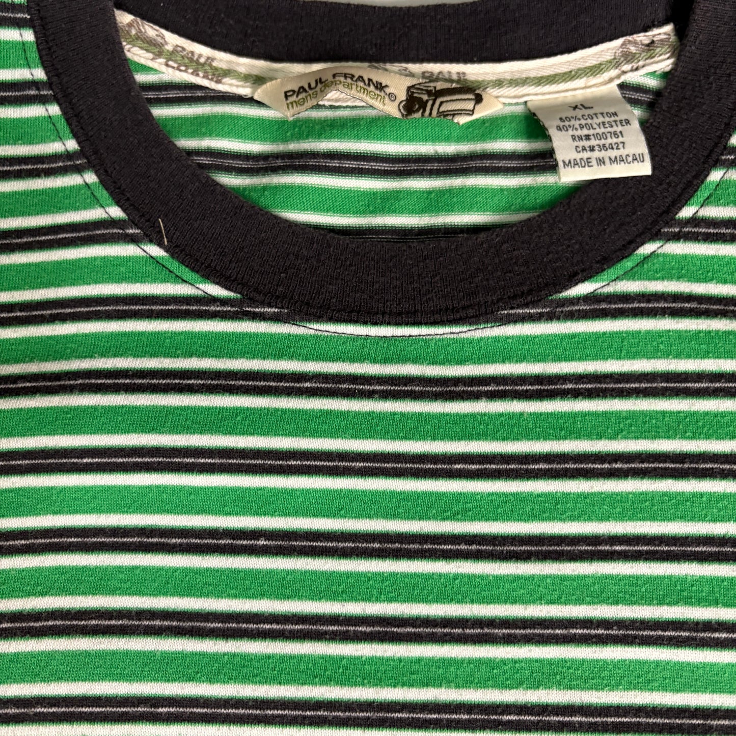 Paul Frank Men’s XL Striped T-Shirt Green Black Skull Patch Y2K Streetwear Retro