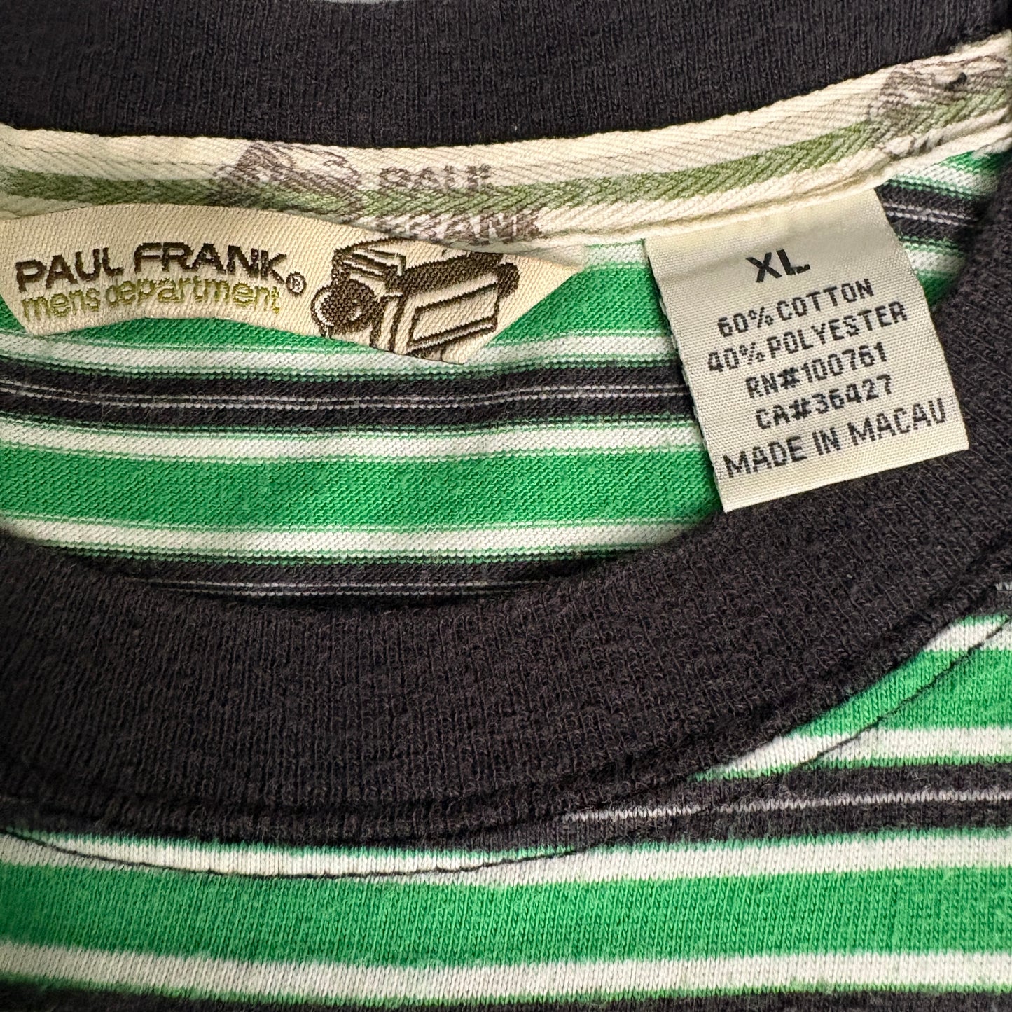 Paul Frank Men’s XL Striped T-Shirt Green Black Skull Patch Y2K Streetwear Retro