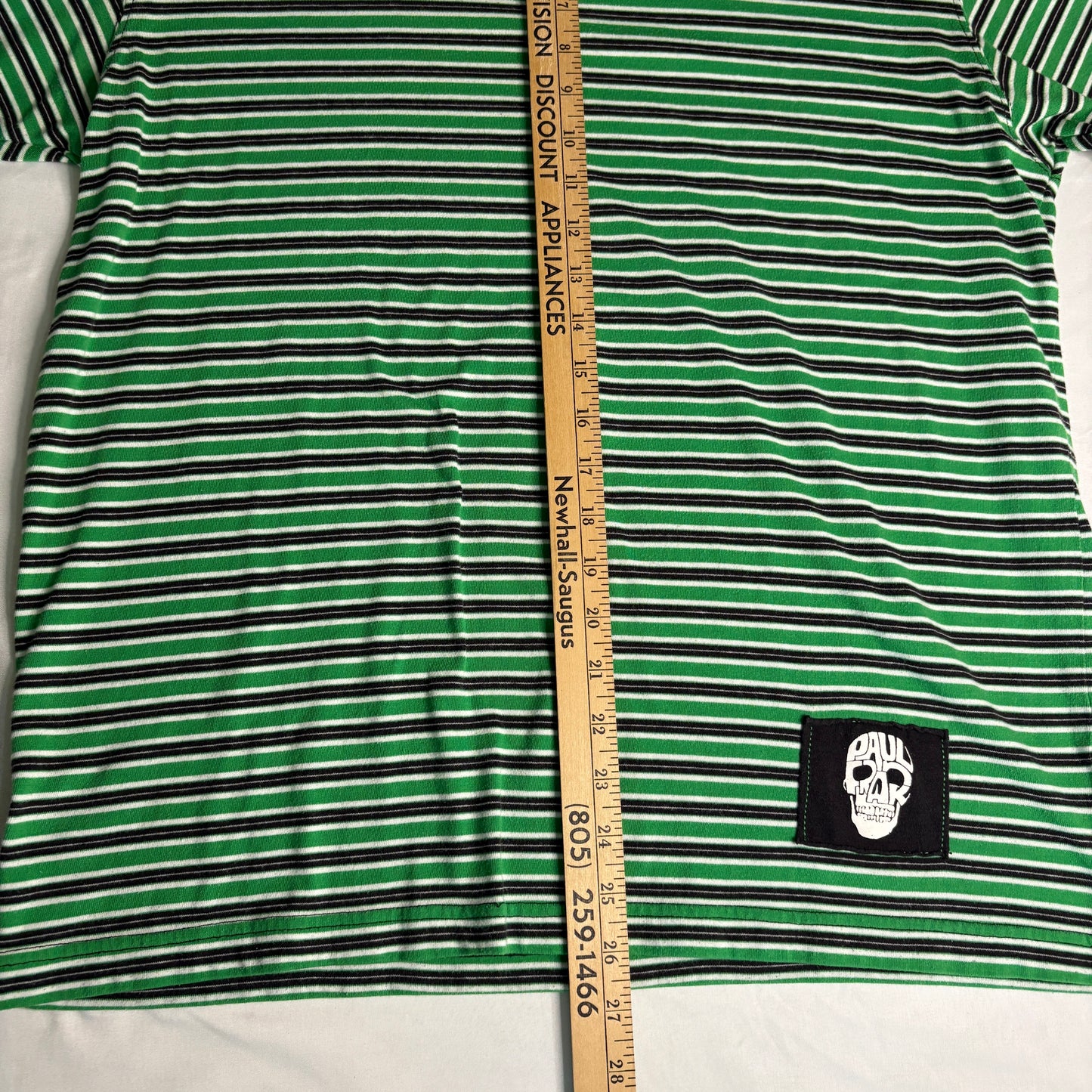 Paul Frank Men’s XL Striped T-Shirt Green Black Skull Patch Y2K Streetwear Retro