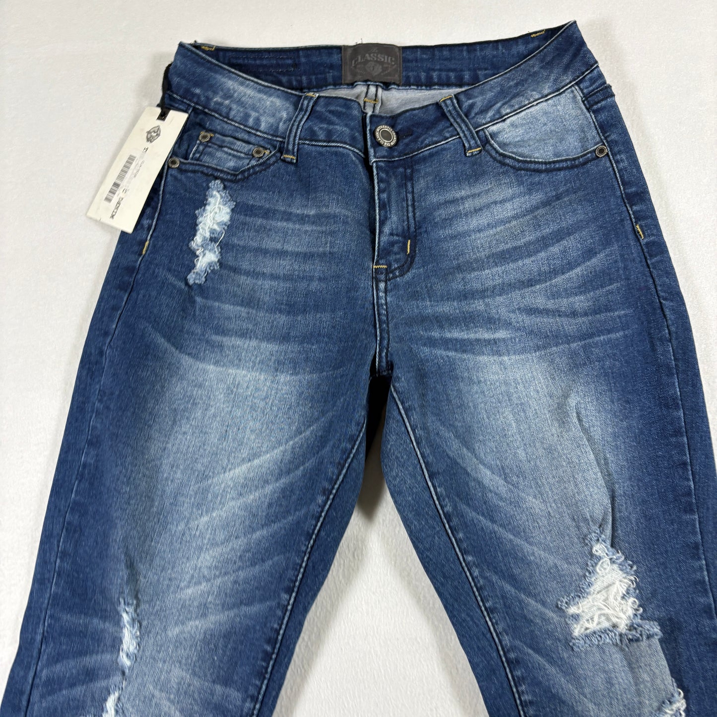 Classic Womens Jeans 7 Dark Wash Distressed Denim Slim Fit Y2K Vintage Stretch