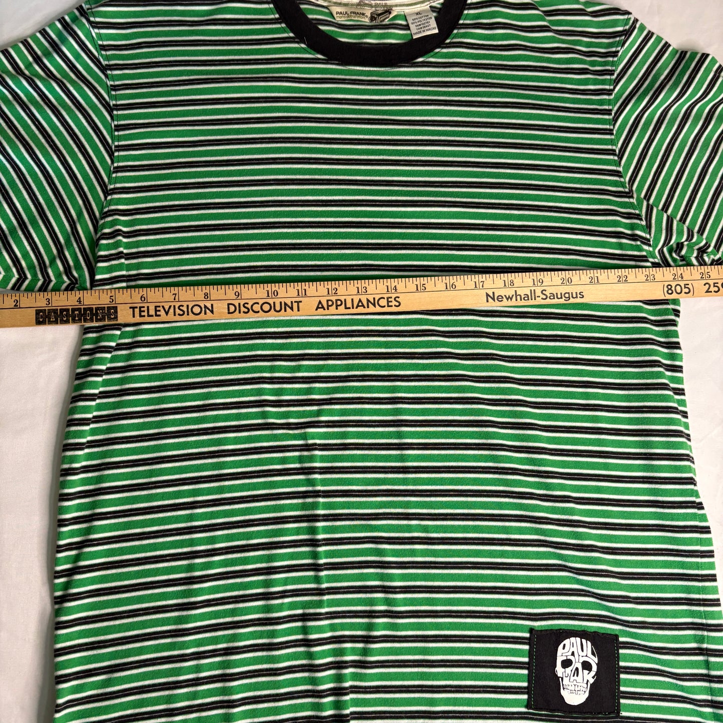 Paul Frank Men’s XL Striped T-Shirt Green Black Skull Patch Y2K Streetwear Retro