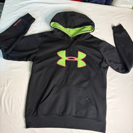 Under Armour Hoodie Men’s Medium Black Neon Green Logo Pullover Sweatshirt