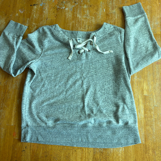 Old Navy Lace Up Sweatshirt Gray Fleece Pullover Women L Cozy Casual Top