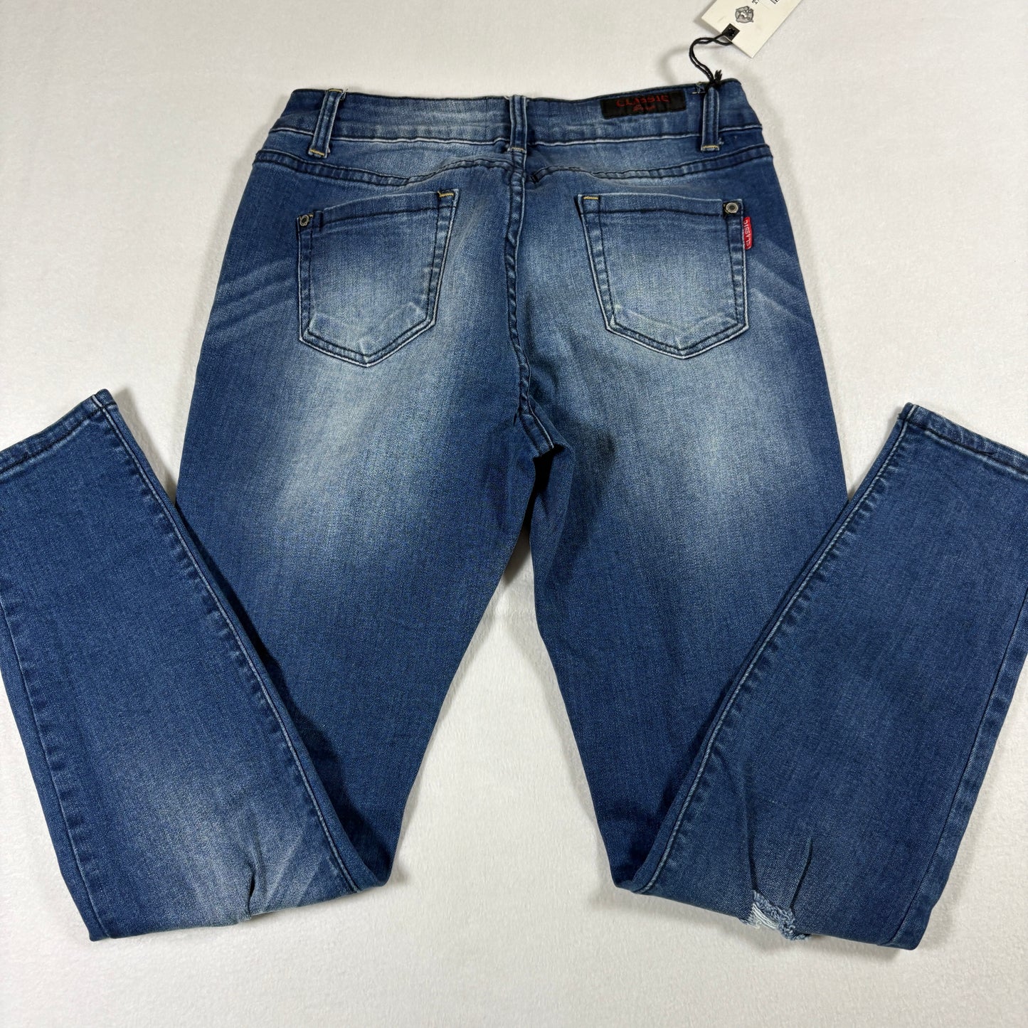 Classic Womens Jeans 7 Dark Wash Distressed Denim Slim Fit Y2K Vintage Stretch