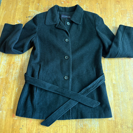 J G Hook Wool Coat Women 8 Black Belted Peacoat Jacket Classic Warm Dress