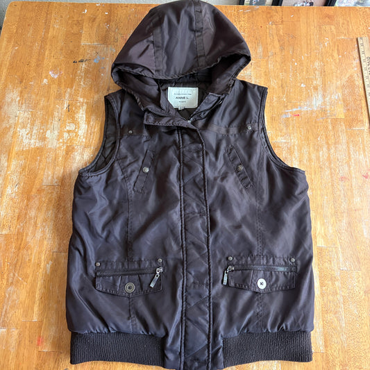 Anne L Hooded Puffer Vest Women 44 Brown Quilted Zip Utility Winter Jacket Coat
